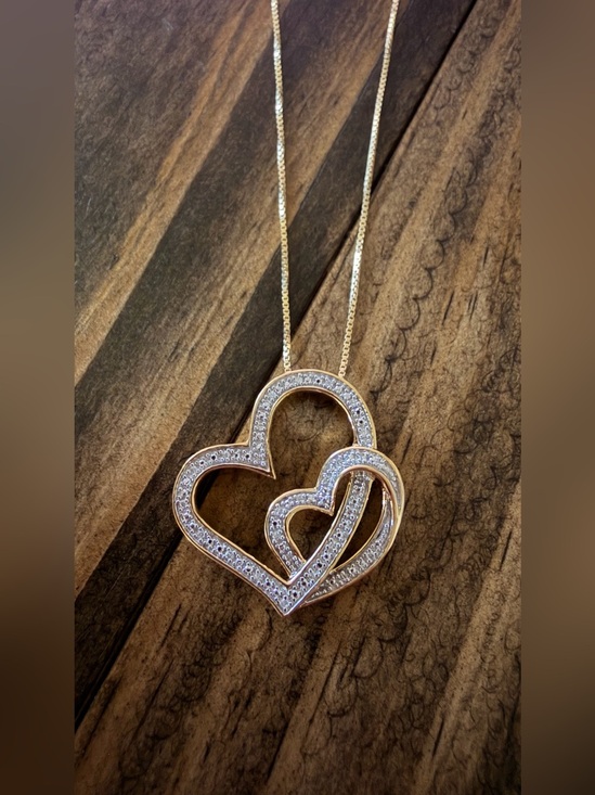 925 Sterling Silver Jewelry - Gold plated, Natural Diamond Double Heart Pendant Necklace